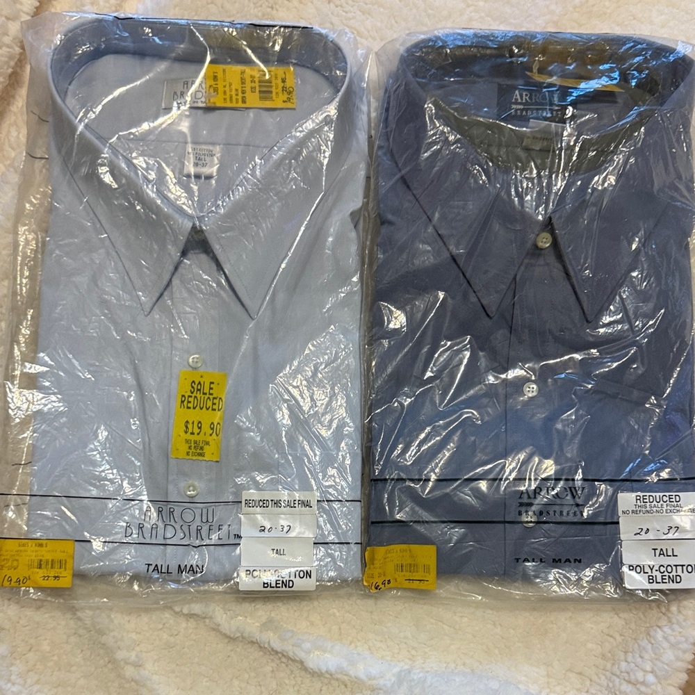 Vintage Arrow Bradstreet Tall Man Dress Shirts Lot of 2 Blue Poly Cotton 20 37